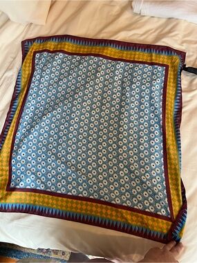 Zara Multicolor Floral and Geometric Silk Scarf - Blue, Yellow, Burgundy